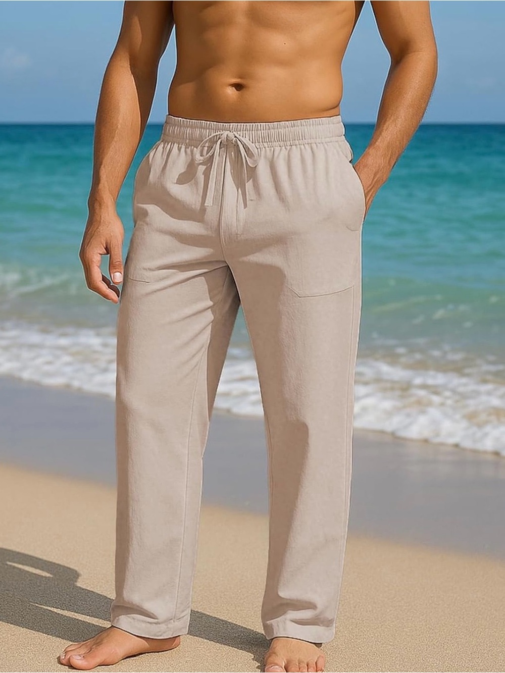 Men's Lightweight Drawstring Beach Pants in Beige